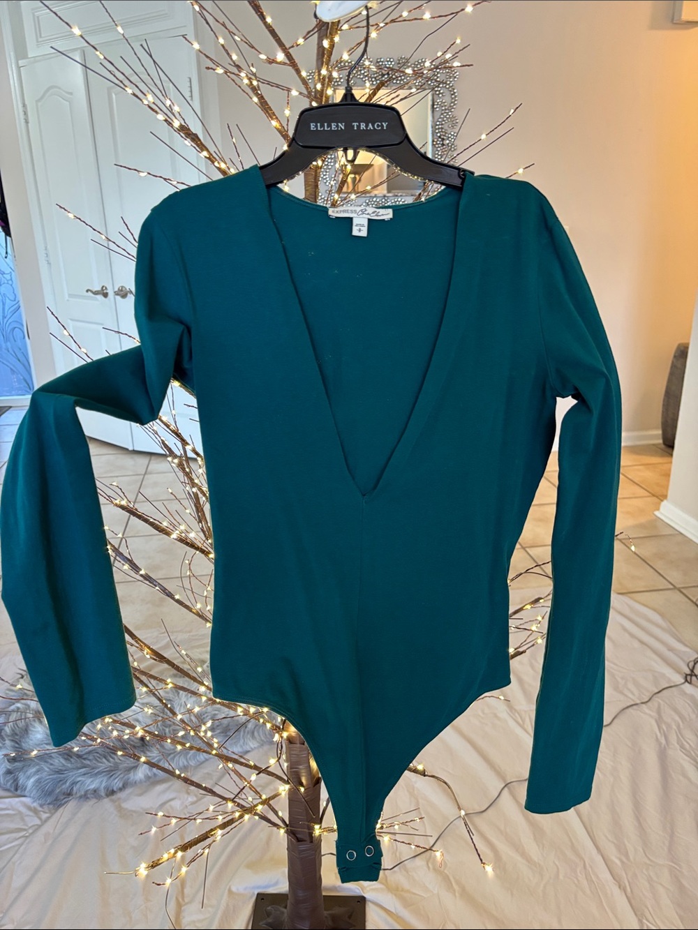 Deep Teal Long Sleeve V-Neck Bodysuit by Express One Eleven